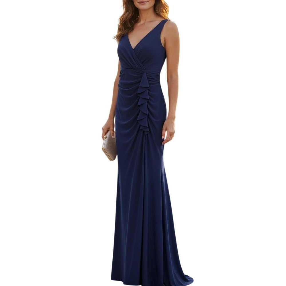 Betsy & Adam Navy‎ Blue Ruched Ruffle Evening Gown Size 8 Elegant Formal wedding